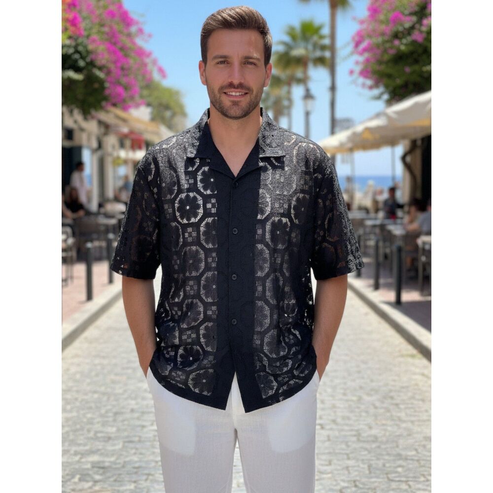 Mode Of One Men Black Crochet Open Weave Button Front Shirt XXL